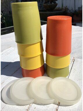 Vtg 70s MCM Kids Tupperware drinking cups small 1251 W Lids Harvest Colors 10 Pc